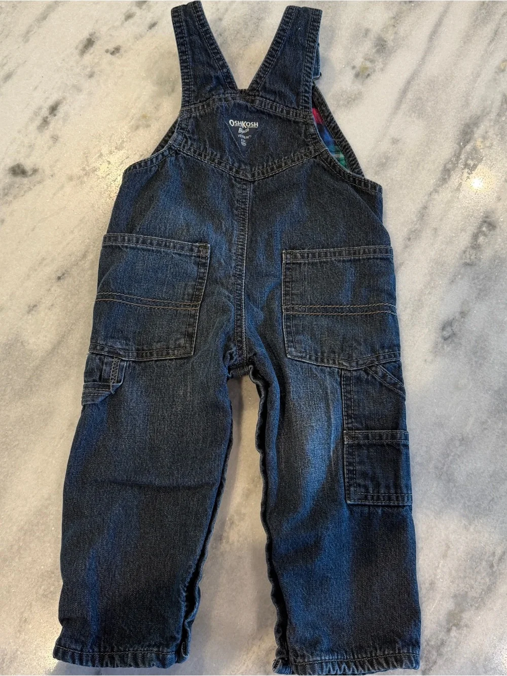 OshKosh B'gosh Dark Blue Denim Plaid Flannel Lined Baby Boy Overalls 12 Months